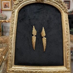 Vintage Givenchy Gold Tone Art Deco Wing Drop Earring Statement Designer Jewelry
